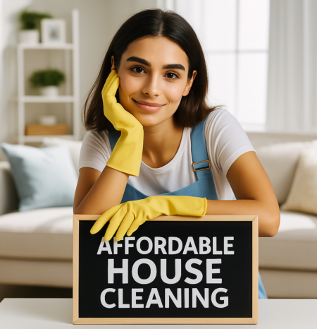 affordable-house-cleaning-morisson-co-2 A professional house cleaner for Morrison colorado house cleaning stands behind a sign that reads affordable house cleaning.