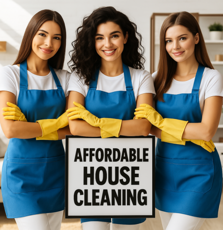 affordable-house-cleaning-southglenn-co-2 Three professional house cleaners of southglenn, co stand behind a sign that reads affordable house cleaning.