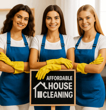 affordable-house-cleaning-orlando-west-fl Three professional house cleaners from orlando west FL house cleaning stand behind a sign that reads affordable house cleaning.