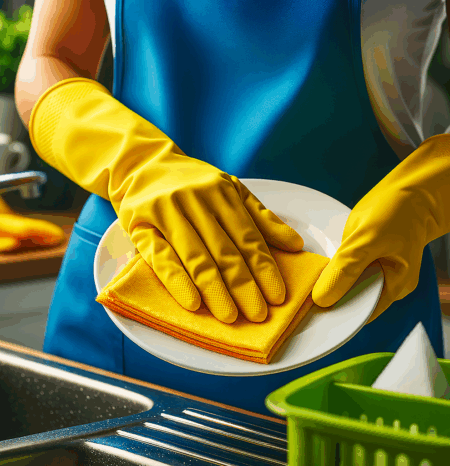 house-cleaning-orlando-west-fl-washing-plate A woman house cleaner wearing a blue apron and white shirt and yellow gloves doing professional house cleaning orlando west fl while washing a plate. She works for humble house cleaning orlando west fl.