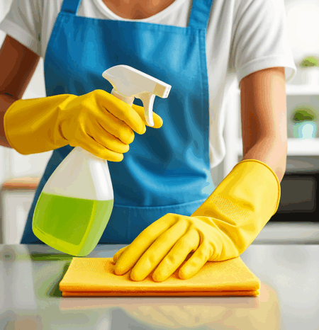house-cleaning-orlando-west-fl-wiping-countertop A woman house cleaner wearing a blue apron and white shirt and yellow gloves doing professional house cleaning orlando west fl while washing a plate. She works for humble house cleaning orlando west fl.