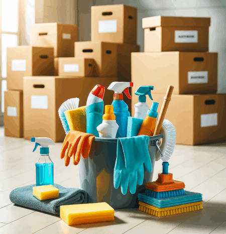 move-out-cleaning-orlando-west-fl Boxes and cleaning supplies to represent move out cleaning Orlando West FL. Humble House Cleaning Orlando West FL